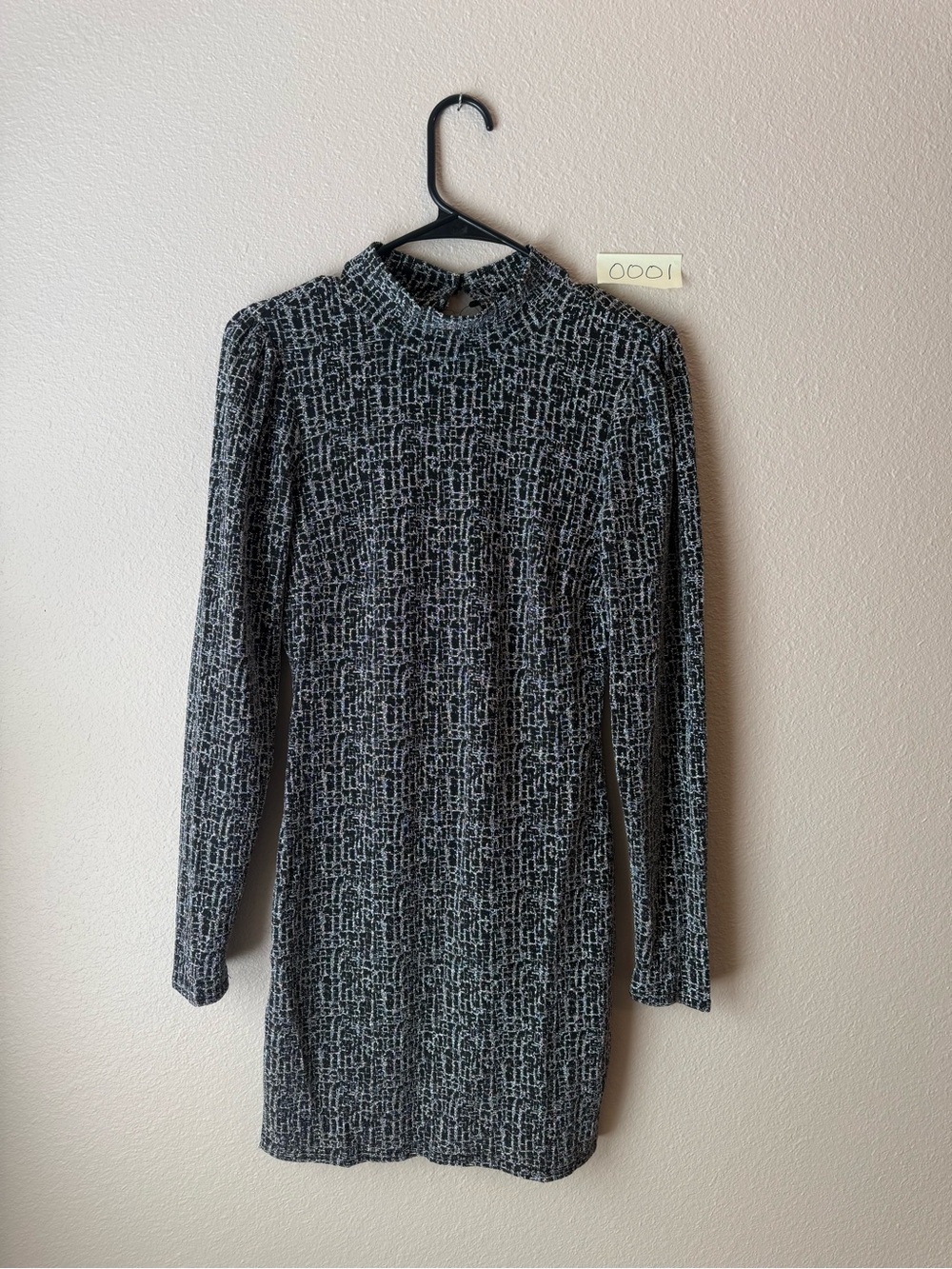 Lulu's Black & Silver Textured Mock Neck Long Sleeve Dress